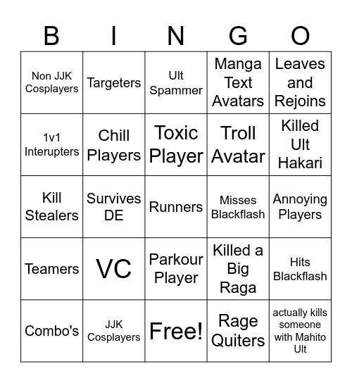 JJS Bingo Card