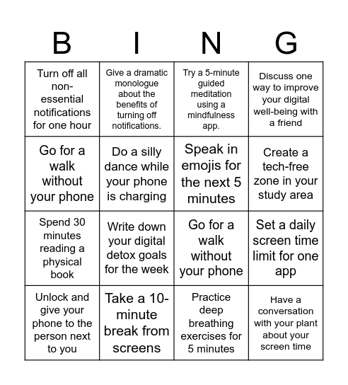 Digital Well-Being Bingo Card