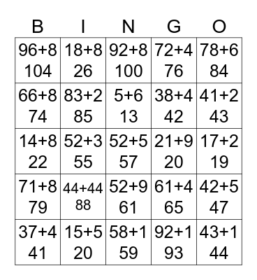 Addition Bingo Prompts Bingo Card