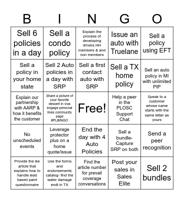 Summer PL Sales Bingo Game Bingo Card