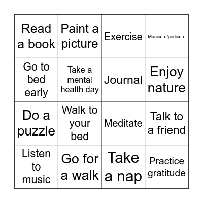 Self Care Bingo Card