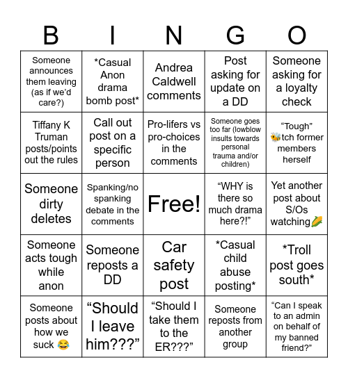 Momming Unfiltered Bingo Card