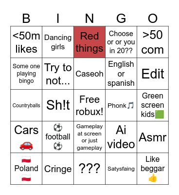 Youtube shorts BINGO Card