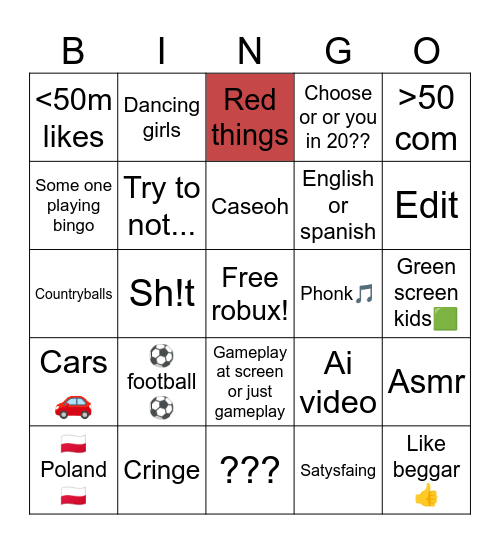 Youtube shorts BINGO Card