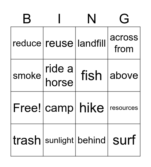 Unit 11 vocabulary Bingo Card