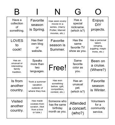 Get To Know You Bingo Card