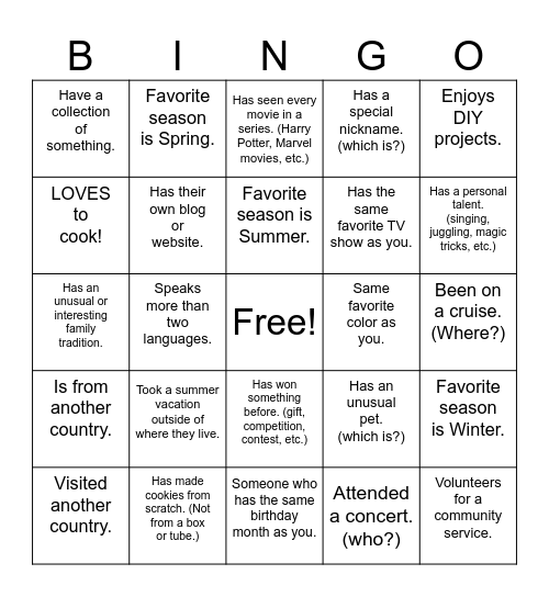 Get To Know You Bingo Card