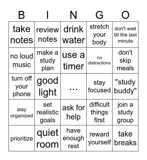 Study habits ESL Bingo Card