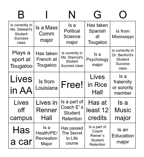 Tougaloo Retention Bingo Card