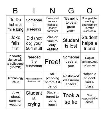 1st Day/Week of School Bingo Card