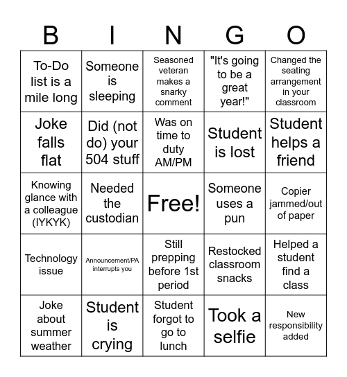 1st Day/Week of School Bingo Card