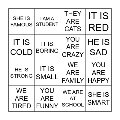 VERB TO BE Bingo Card
