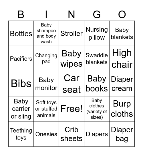 Baby Shower Bingo Card