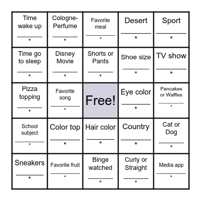 Name                        Match me*Preferences Bingo Card