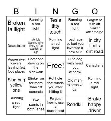 In Town driving Bingo Card