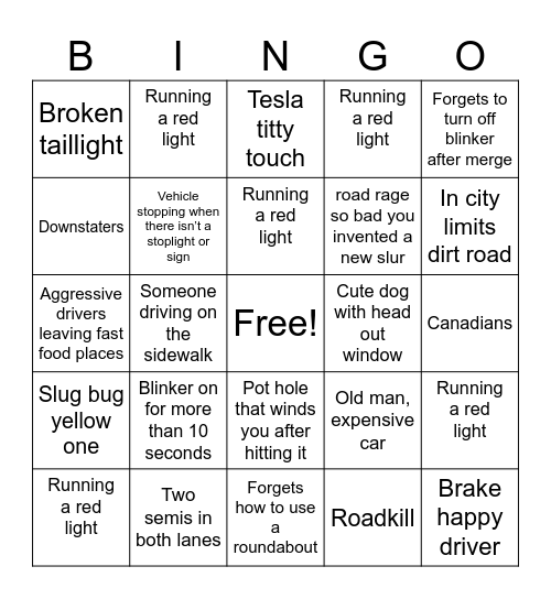 In Town driving Bingo Card