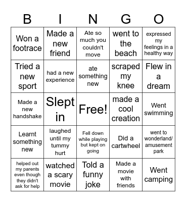 Wychwood Tigers Summer camp Bingo Card