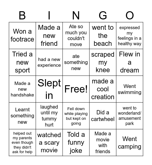 Wychwood Tigers Summer camp Bingo Card