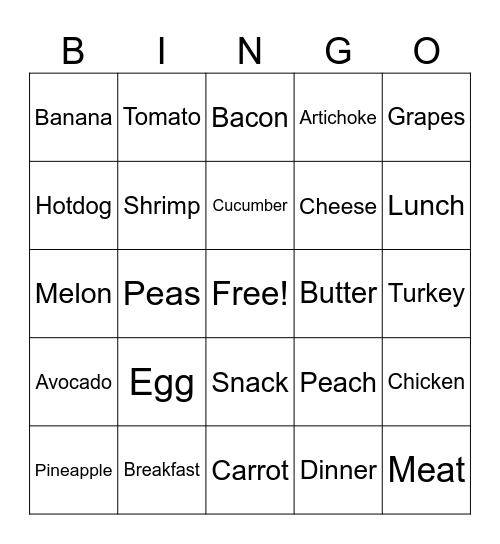 Food Sign Bingo Card