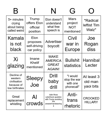 Trump Elon glaze sesh Bingo Card