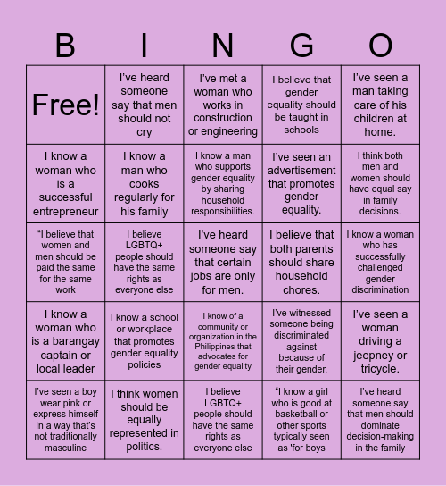 GENDER EQUALITY BINGO Card