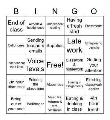 Classroom Procedures & Expectations Bingo Card