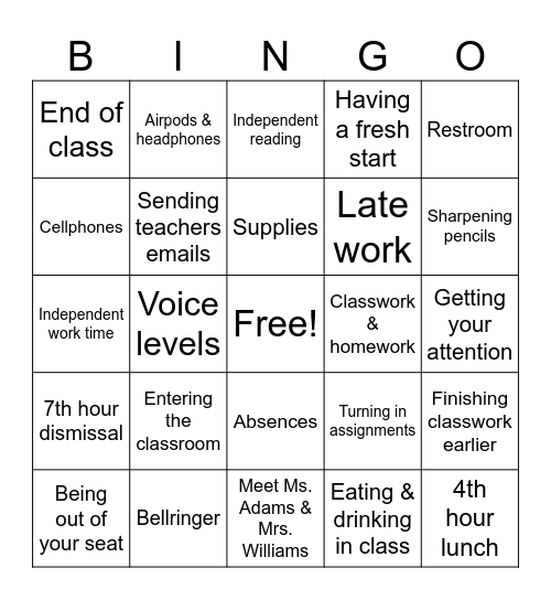 Classroom Procedures & Expectations Bingo Card