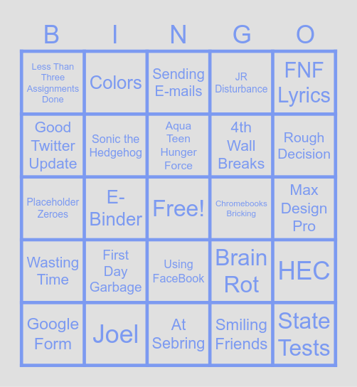 First Day Bingo Card