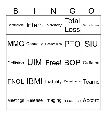 Claims Department Bingo! Bingo Card