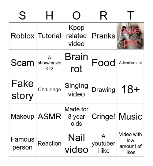 YouTube shorts Bingo Card