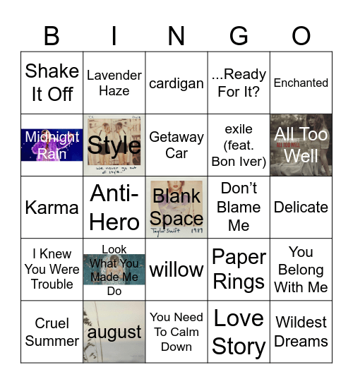 Taylor Swift's Top Songs Bingo Card