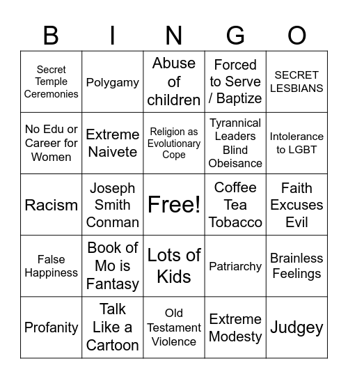 "Heretic" Mormon Cliches Bingo Card