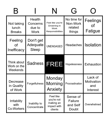 WORKPLACE BURNOUT Bingo Card