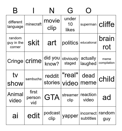 tiktok/youtube shorts bingo Card