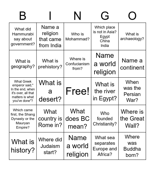 Social Studies Bingo Card