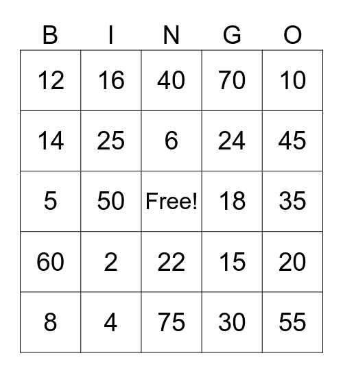 Multiplication 2,5,10 Bingo! Bingo Card