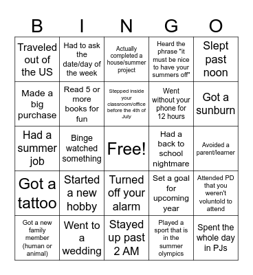 South Summer Educator Bingo Card