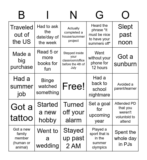 South Summer Educator Bingo Card
