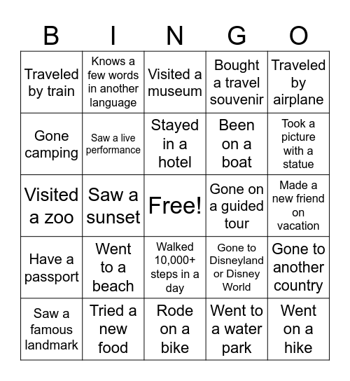 Travel Bingo Card