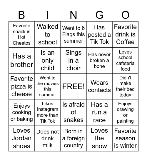 Get to Know You Bingo Card