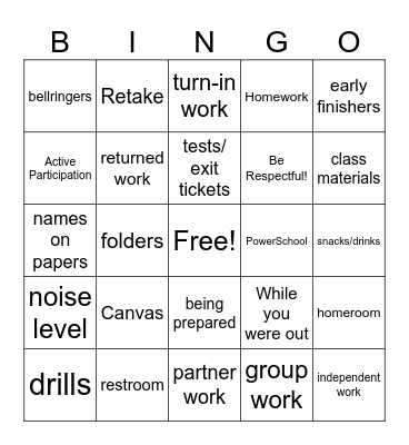 Procedure and Expectations Bingo Card