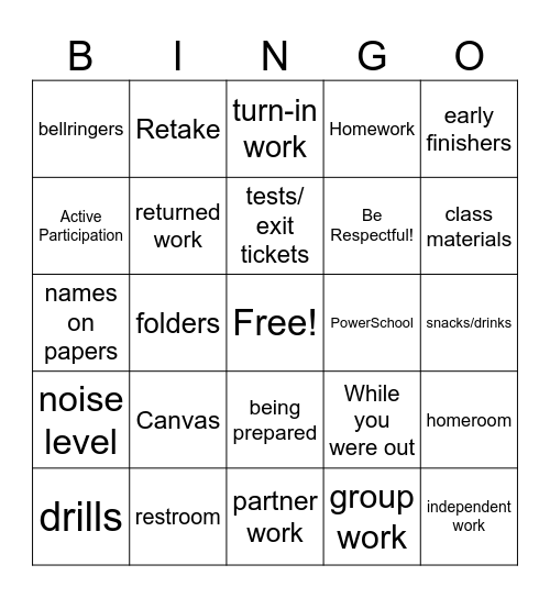 Procedure and Expectations Bingo Card