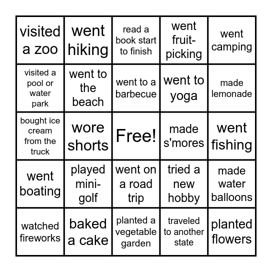 Summer Bingo Card