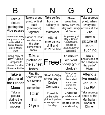 NCL Escape Day One Bingo Card