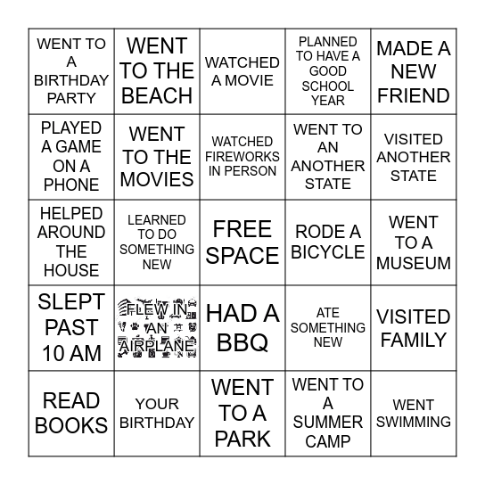 Summer Break Bingo Card