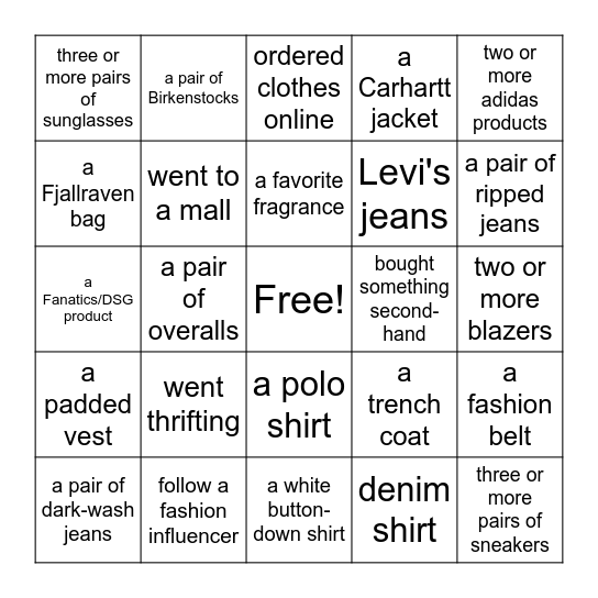 Fashion Bingo (Do you own...) Bingo Card