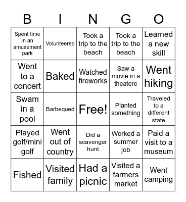 Summer Bingo Card