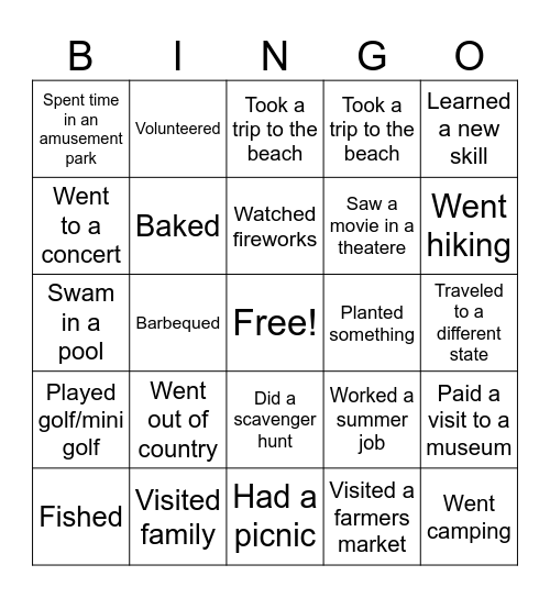 Summer Bingo Card