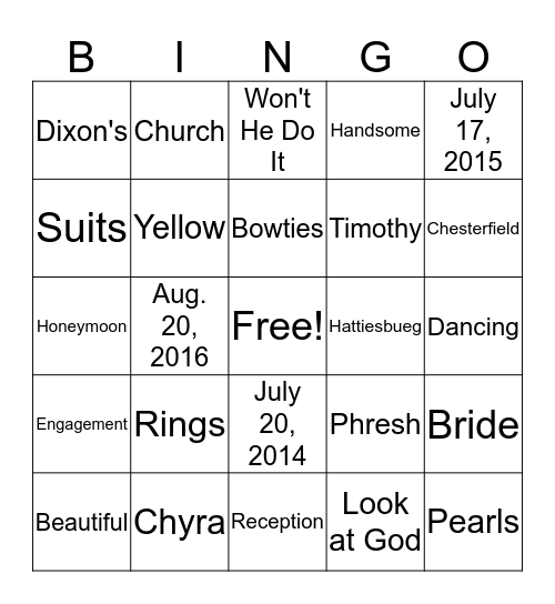 Chyra & Timothy Wedding  Shower Bingo Card