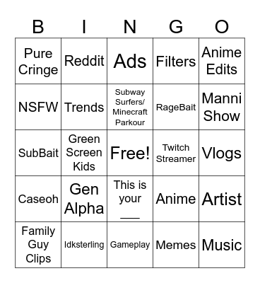 YT Shorts Bingo Card